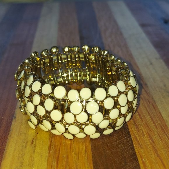 Gold Tone Stretch Cream Enamel Dotted Elegant Bangle Made in Italy Bracelet - Picture 3 of 8